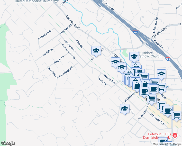map of restaurants, bars, coffee shops, grocery stores, and more near 151 Camino Amigo Court in Danville