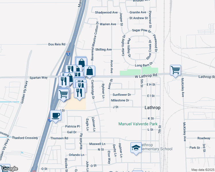 map of restaurants, bars, coffee shops, grocery stores, and more near 15111 Avon Street in Lathrop