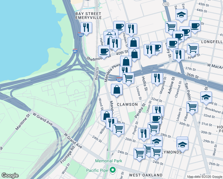 map of restaurants, bars, coffee shops, grocery stores, and more near 3447 Ettie Street in Oakland