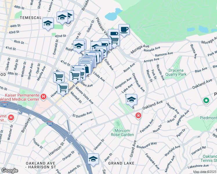 map of restaurants, bars, coffee shops, grocery stores, and more near 95 Linda Avenue in Oakland