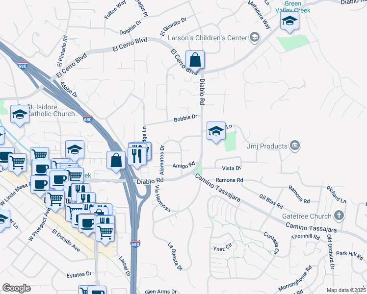 map of restaurants, bars, coffee shops, grocery stores, and more near 513 Alamatos Drive in Danville