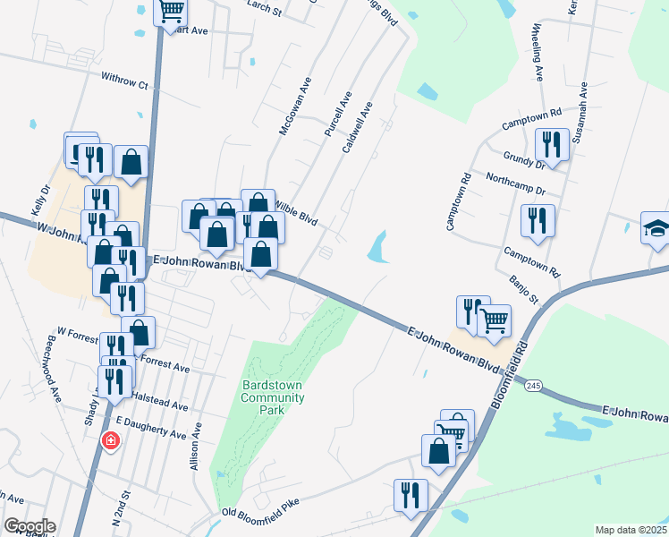map of restaurants, bars, coffee shops, grocery stores, and more near 1340 East John Rowan Boulevard in Bardstown
