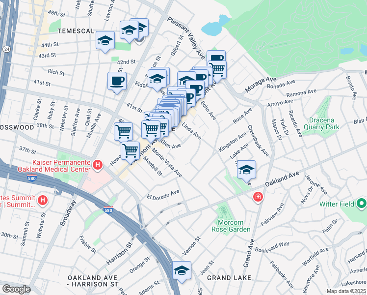 map of restaurants, bars, coffee shops, grocery stores, and more near 81 Glen Avenue in Oakland
