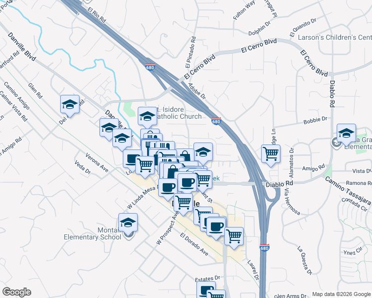 map of restaurants, bars, coffee shops, grocery stores, and more near 284 West El Pintado in Danville