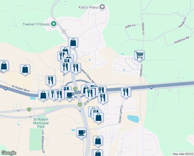 map of restaurants, bars, coffee shops, grocery stores, and more near 322 Saint Robert Outer Road in Saint Robert