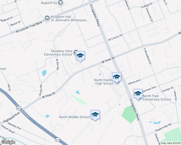 map of restaurants, bars, coffee shops, grocery stores, and more near 708 Andra Street in Radcliff