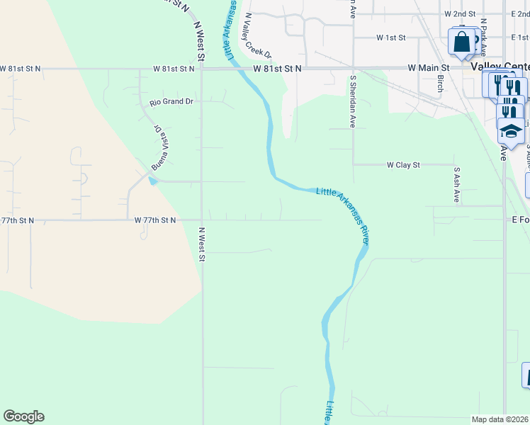 map of restaurants, bars, coffee shops, grocery stores, and more near 3600 West 77th Street North in Valley Center