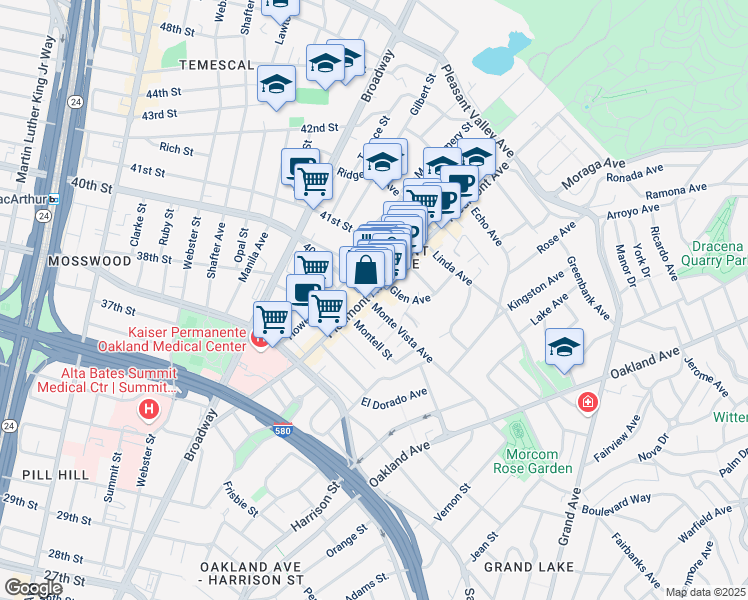 map of restaurants, bars, coffee shops, grocery stores, and more near 16 Monte Vista Avenue in Oakland