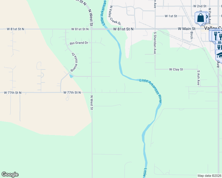 map of restaurants, bars, coffee shops, grocery stores, and more near 3600-3700 West 77th Street North in Valley Center