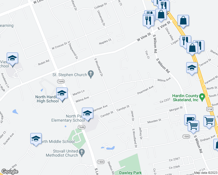 map of restaurants, bars, coffee shops, grocery stores, and more near 665 Wilma Avenue in Radcliff