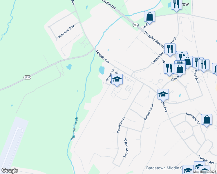 map of restaurants, bars, coffee shops, grocery stores, and more near 118 Sunset Drive in Bardstown