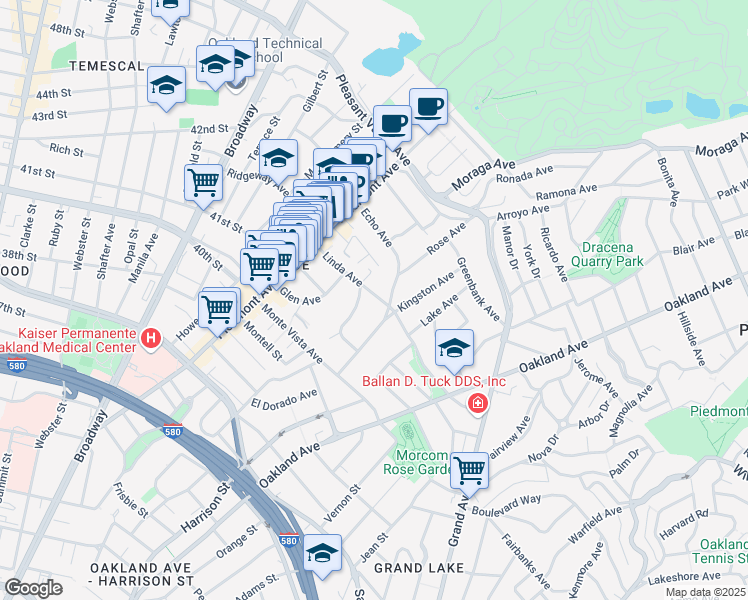 map of restaurants, bars, coffee shops, grocery stores, and more near 91 Linda Avenue in Oakland