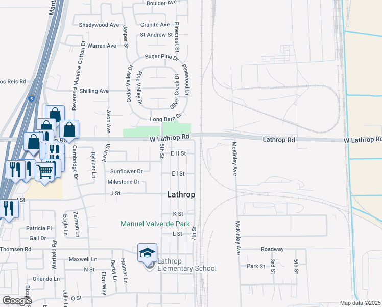 map of restaurants, bars, coffee shops, grocery stores, and more near 963 East H Street in Lathrop