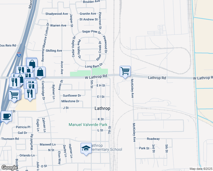 map of restaurants, bars, coffee shops, grocery stores, and more near 963 East H Street in Lathrop