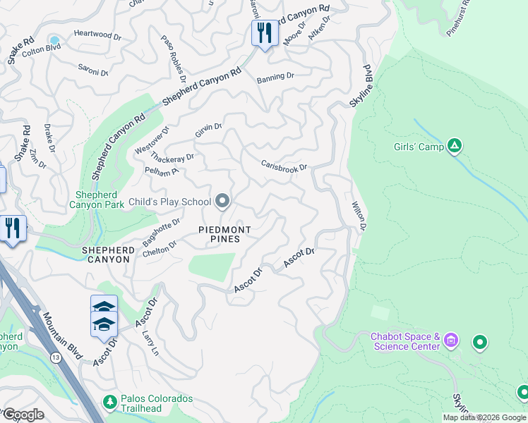 map of restaurants, bars, coffee shops, grocery stores, and more near 2772 Chelsea Drive in Oakland