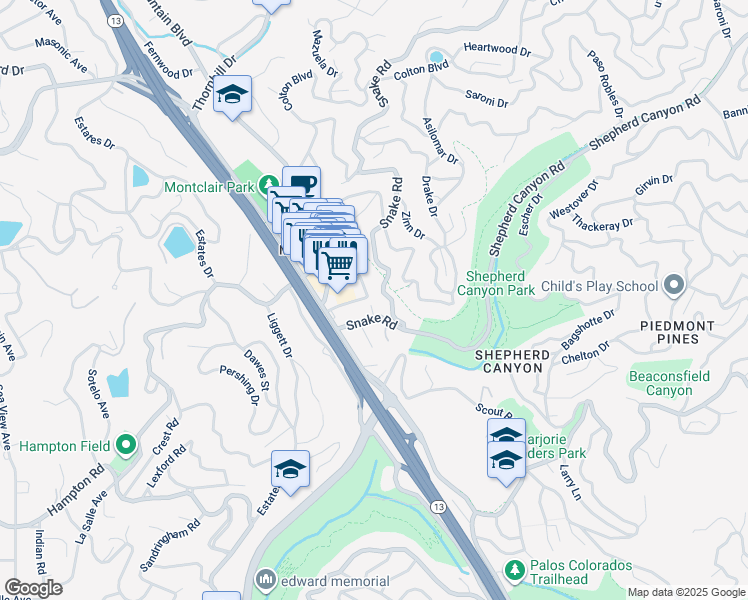 map of restaurants, bars, coffee shops, grocery stores, and more near 6267 Merced Avenue in Oakland