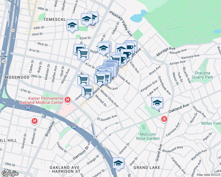 map of restaurants, bars, coffee shops, grocery stores, and more near in Oakland