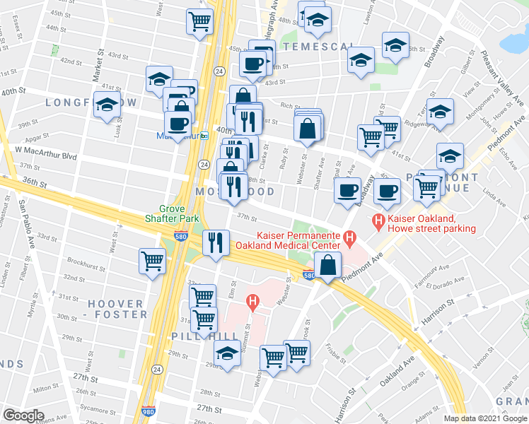 map of restaurants, bars, coffee shops, grocery stores, and more near 449 West MacArthur Boulevard in Oakland
