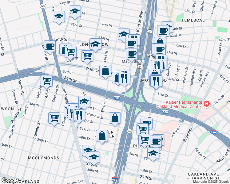 map of restaurants, bars, coffee shops, grocery stores, and more near 719 36th Street in Oakland