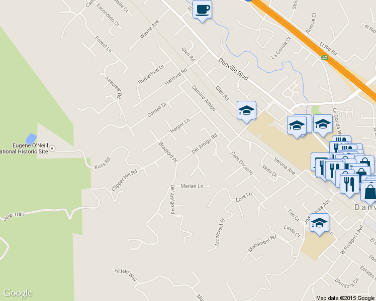 map of restaurants, bars, coffee shops, grocery stores, and more near 36 Diamond Court in Danville