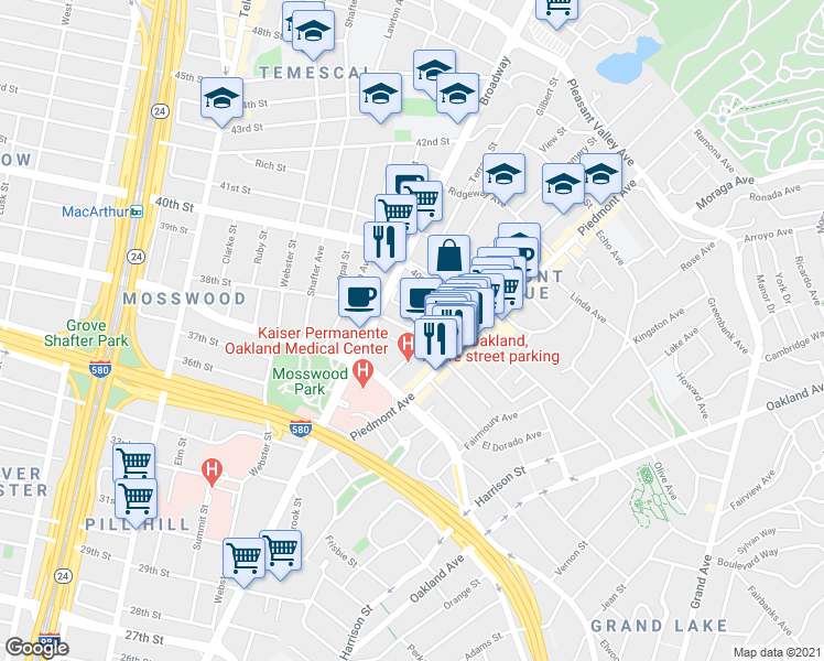 map of restaurants, bars, coffee shops, grocery stores, and more near 38th Street & Cerrito Avenue in Oakland