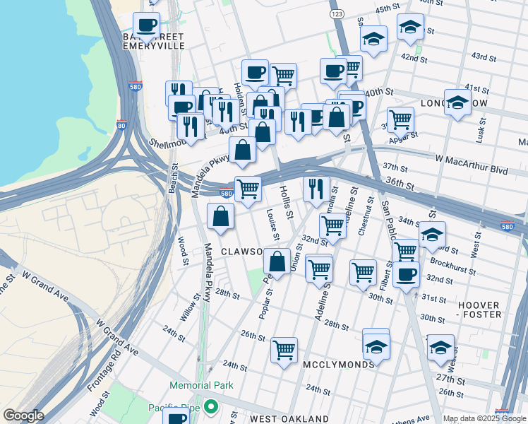 map of restaurants, bars, coffee shops, grocery stores, and more near 1463 34th Street in Oakland