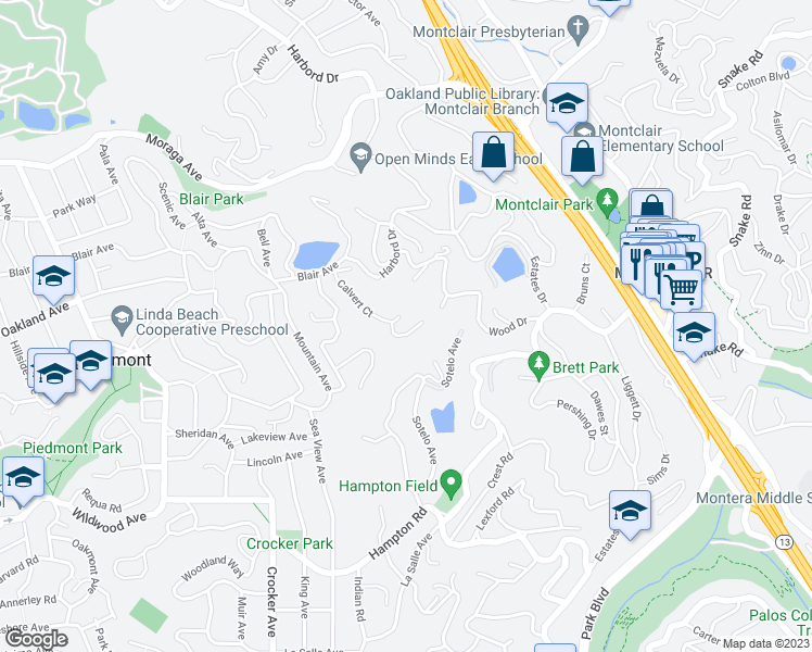 map of restaurants, bars, coffee shops, grocery stores, and more near 143 Calvert Court in Piedmont