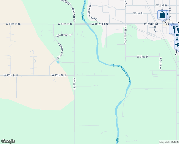 map of restaurants, bars, coffee shops, grocery stores, and more near 3600-3700 West 77th Street North in Valley Center