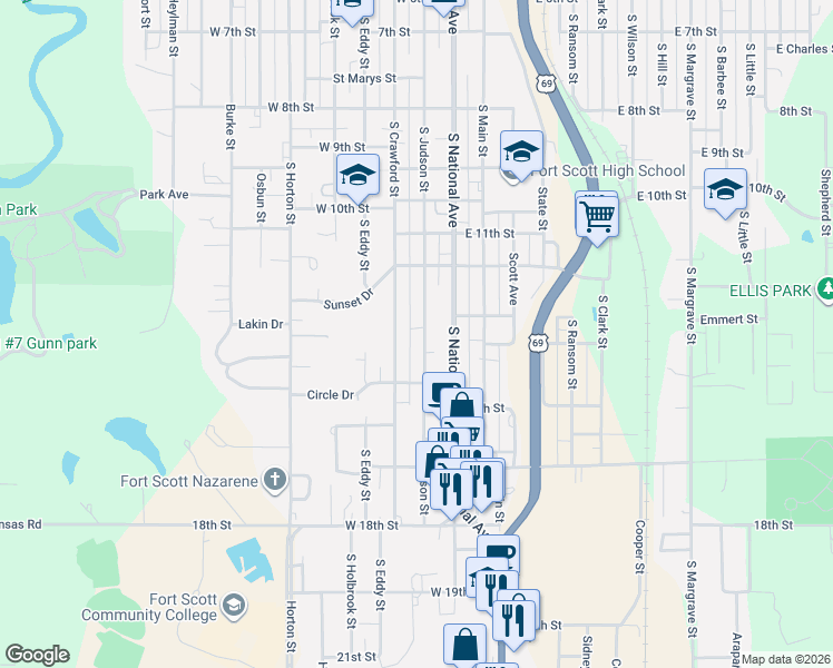 map of restaurants, bars, coffee shops, grocery stores, and more near 1312 South Judson Street in Fort Scott