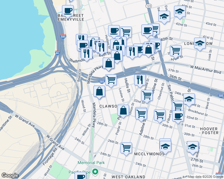 map of restaurants, bars, coffee shops, grocery stores, and more near 34th Street & Helen Street in Oakland