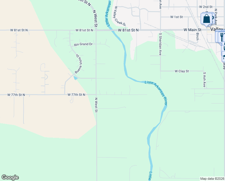 map of restaurants, bars, coffee shops, grocery stores, and more near 3600-3700 West 77th Street North in Valley Center