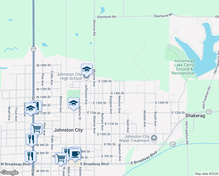 map of restaurants, bars, coffee shops, grocery stores, and more near 1406 Burgess Avenue in Johnston City
