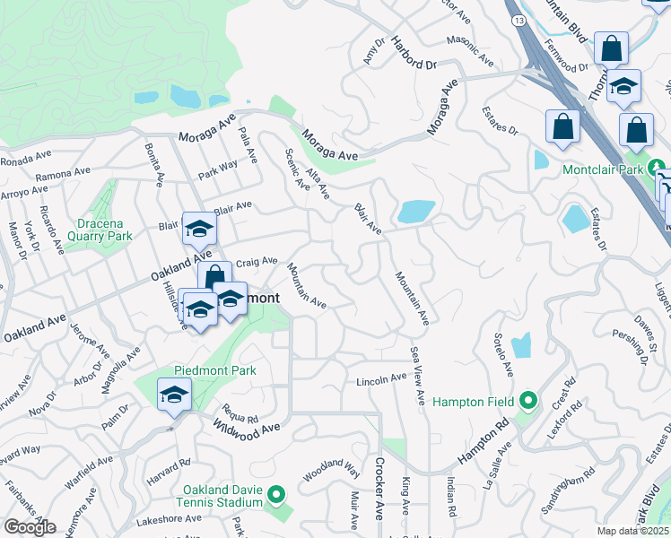 map of restaurants, bars, coffee shops, grocery stores, and more near 34 Dormidera Avenue in Piedmont