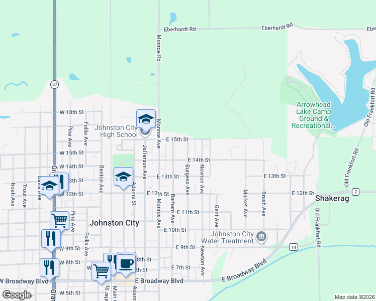 map of restaurants, bars, coffee shops, grocery stores, and more near 1407 Burgess Avenue in Johnston City