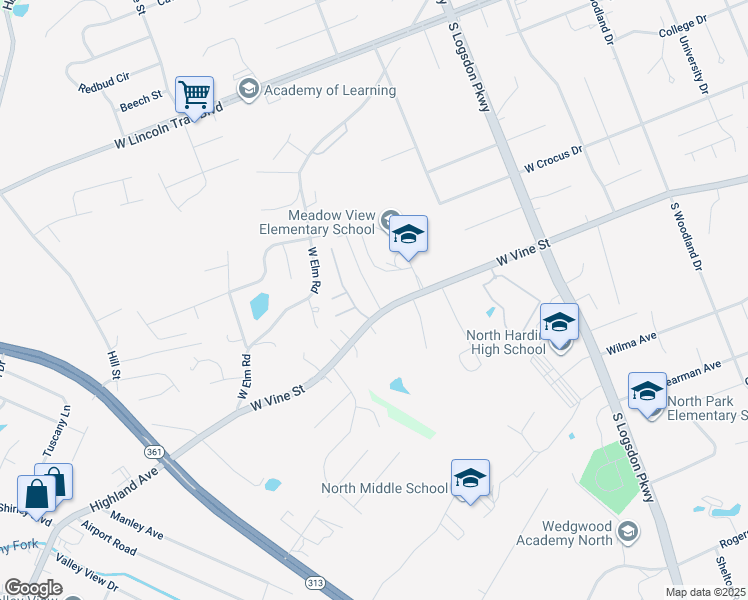map of restaurants, bars, coffee shops, grocery stores, and more near 117 Academy Lane in Radcliff