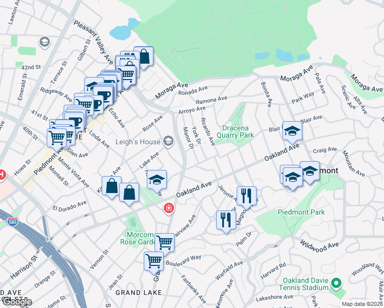 map of restaurants, bars, coffee shops, grocery stores, and more near 105 Manor Drive in Piedmont