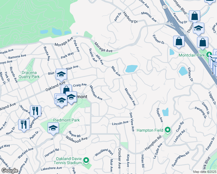 map of restaurants, bars, coffee shops, grocery stores, and more near 34 Dormidera Avenue in Piedmont