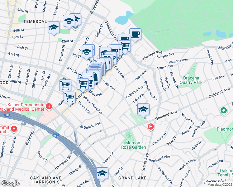map of restaurants, bars, coffee shops, grocery stores, and more near 91 Linda Avenue in Oakland