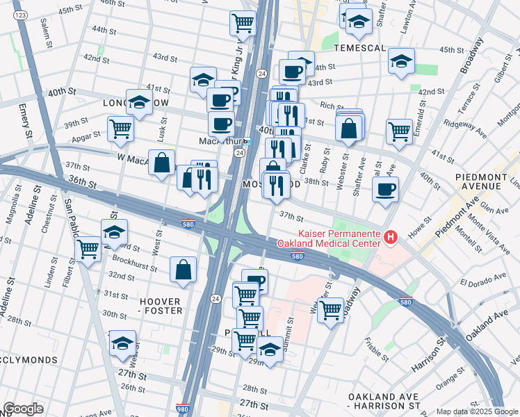 map of restaurants, bars, coffee shops, grocery stores, and more near 545 37th Street in Oakland