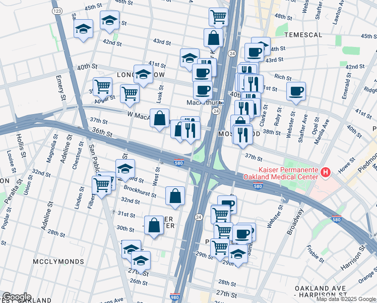 map of restaurants, bars, coffee shops, grocery stores, and more near 3623 Martin Luther King Junior Way in Oakland