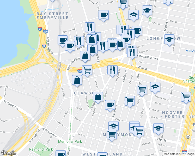 map of restaurants, bars, coffee shops, grocery stores, and more near 1423 34th Street in Oakland