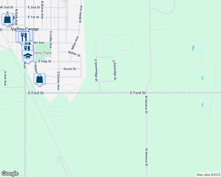 map of restaurants, bars, coffee shops, grocery stores, and more near 1240 East Ford Street in Valley Center