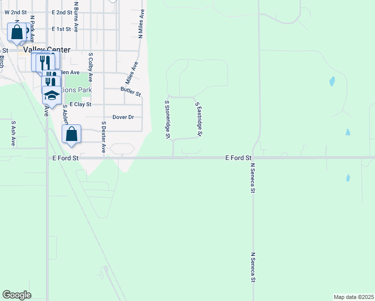 map of restaurants, bars, coffee shops, grocery stores, and more near 1240 East Ford Street in Valley Center