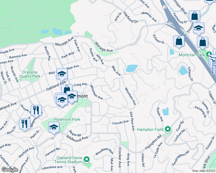 map of restaurants, bars, coffee shops, grocery stores, and more near 300 Pacific Avenue in Piedmont