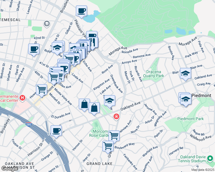 map of restaurants, bars, coffee shops, grocery stores, and more near 155 Lake Avenue in Piedmont