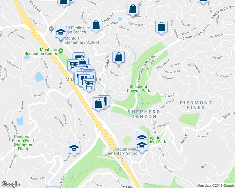 map of restaurants, bars, coffee shops, grocery stores, and more near 2150 Magellan Drive in Oakland