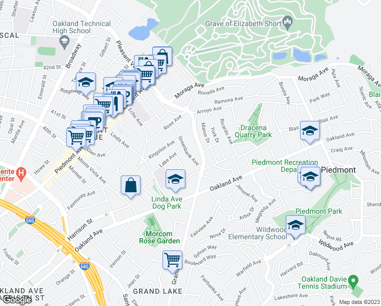map of restaurants, bars, coffee shops, grocery stores, and more near 118 Greenbank Avenue in Piedmont
