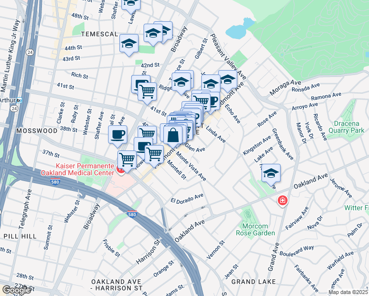 map of restaurants, bars, coffee shops, grocery stores, and more near 4038 Piedmont Avenue in Oakland