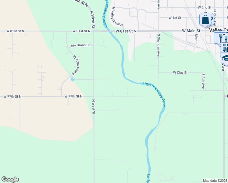 map of restaurants, bars, coffee shops, grocery stores, and more near 3600-3700 West 77th Street North in Valley Center
