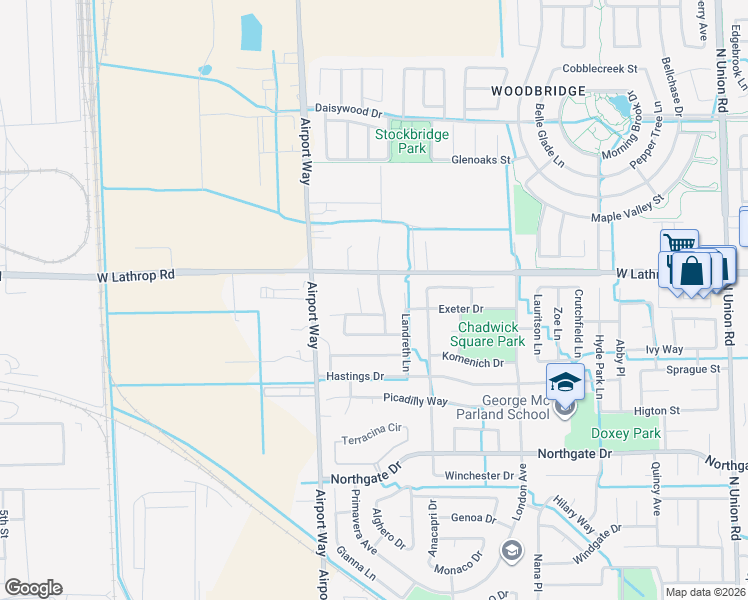 map of restaurants, bars, coffee shops, grocery stores, and more near 2035 Pasado Avenue in Manteca